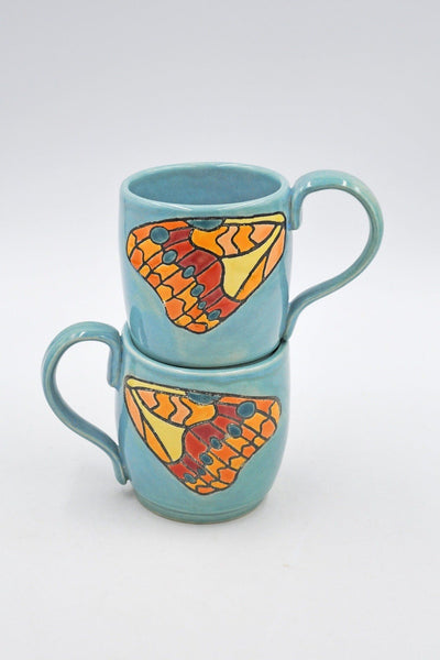 Butterfly Wings Ceramic Pottery Mug, Handmade Blue and Orange Stoneware Coffee Cup, Hand Painted Cuerda Seca, Wheel Thrown and Kiln Fired