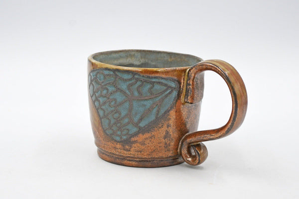 Butterfly Wings Ceramic Pottery Mug, Copper Handmade Anniversary Gift, Turquoise Stoneware Coffee Cup, Hand Painted Cuerda Seca