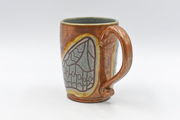 Butterfly Wings Pottery Mug, Copper & Blue Gray Sage Ceramic Stoneware Coffee Tea Cup, Hand Painted, Unique Handmade Christmas Gift for Her