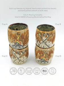 Campfire Outdoors Ceramic Cup - Handmade Cabin Handleless Mug Stoneware Pottery Tumbler - Brown, Woodsy, Roasting Marshmallows