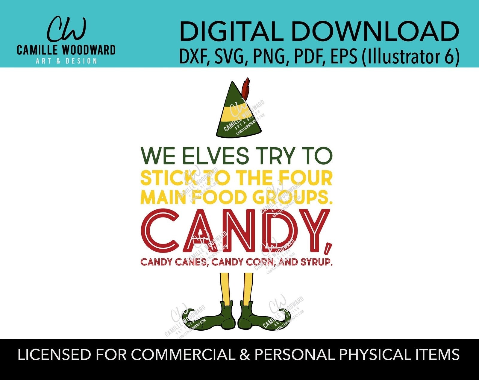 Christmas Buddy The Elf Candy Four Food Groups, and Syrup - Movie Quote, Yellow and Green, SVG, EPS, PNG - Sublimation Digital Download