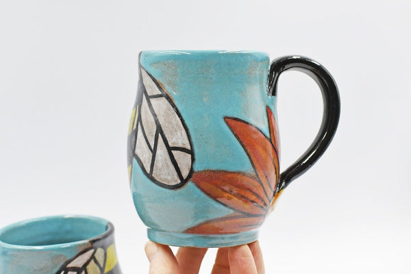 Pottery Mug Handmade Bees, Ceramic Stoneware Hand Painted Cup with Sunflower in Teal Blue, Yellow and Black Stripes