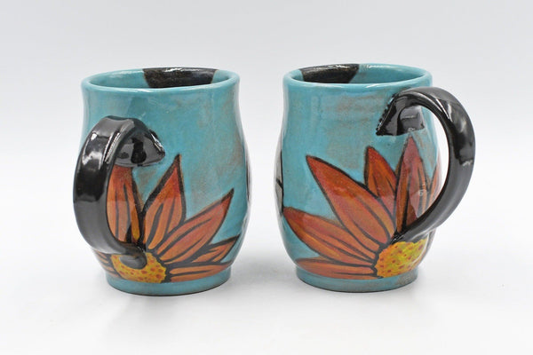 Pottery Mug Handmade Bees, Ceramic Stoneware Hand Painted Cup with Sunflower in Teal Blue, Yellow and Black Stripes