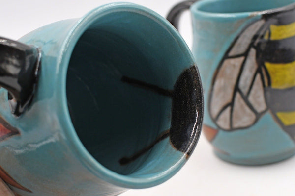 Pottery Mug Handmade Bees, Ceramic Stoneware Hand Painted Cup with Sunflower in Teal Blue, Yellow and Black Stripes
