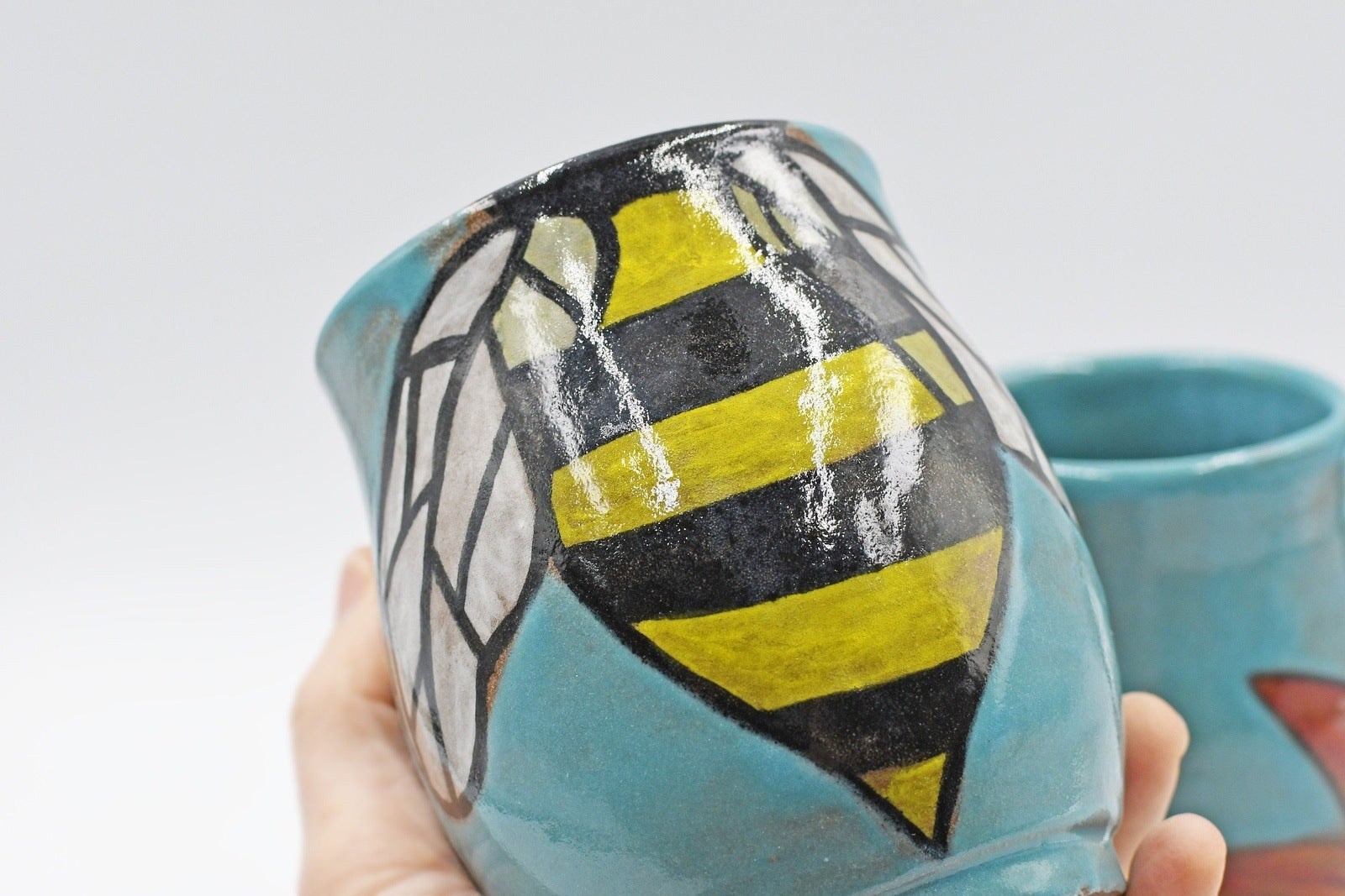 Pottery Mug Handmade Bees, Ceramic Stoneware Hand Painted Cup with Sunflower in Teal Blue, Yellow and Black Stripes