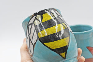 Pottery Mug Handmade Bees, Ceramic Stoneware Hand Painted Cup with Sunflower in Teal Blue, Yellow and Black Stripes