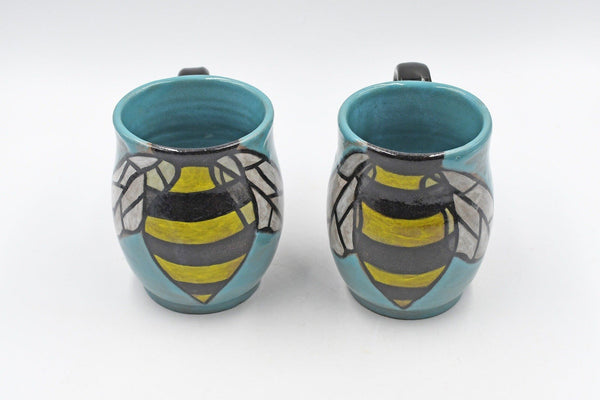 Pottery Mug Handmade Bees, Ceramic Stoneware Hand Painted Cup with Sunflower in Teal Blue, Yellow and Black Stripes