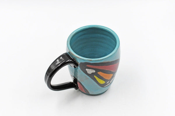 Butterfly Wings Handmade Pottery Mug, Ceramic Coffee Cup, Stoneware Hand Painted Hand Drawn, Orange, Black, Blue, Yellow, Microwave Safe