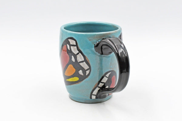 Butterfly Wings Handmade Pottery Mug, Ceramic Coffee Cup, Stoneware Hand Painted Hand Drawn, Orange, Black, Blue, Yellow, Microwave Safe