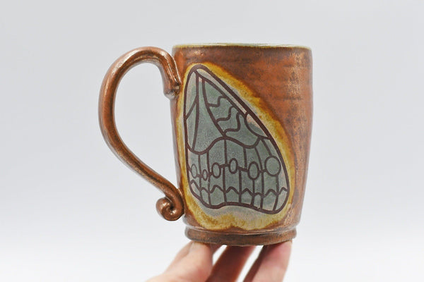 Butterfly Wings Pottery Mug, Copper & Blue Gray Sage Ceramic Stoneware Coffee Tea Cup, Hand Painted, Unique Handmade Christmas Gift for Her