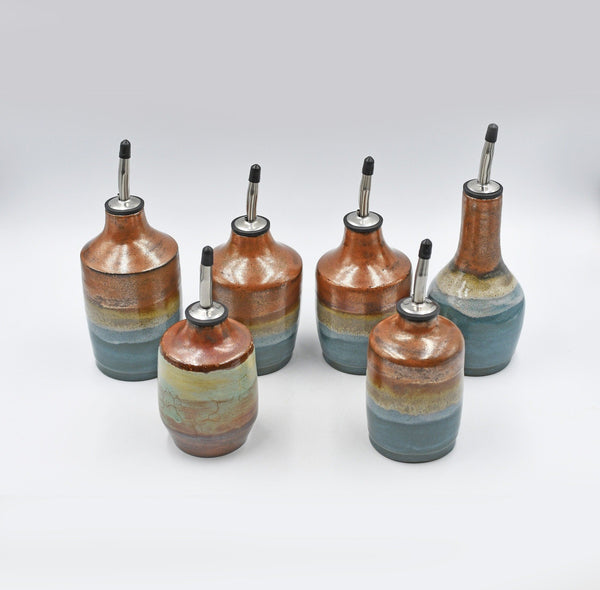 Small Olive Oil Ceramic Bottle, Copper Teal Handmade Stoneware Pottery, Liquid Soap Dispenser, Tabletop Flower Stem Vase