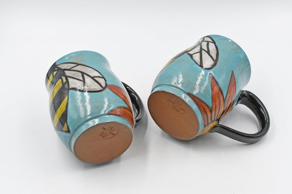 Pottery Mug Handmade Bees, Ceramic Stoneware Hand Painted Cup with Sunflower in Teal Blue, Yellow and Black Stripes