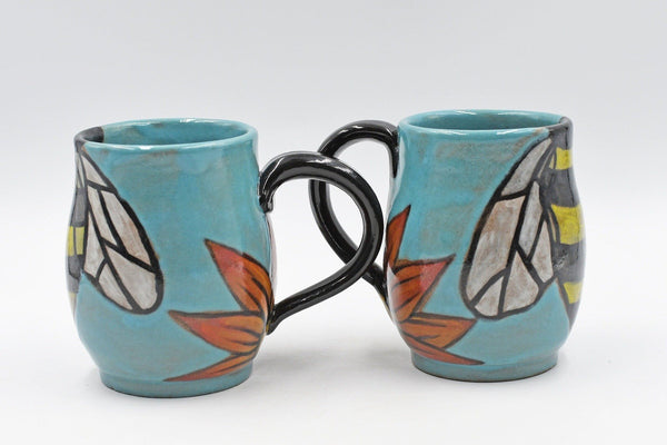 Pottery Mug Handmade Bees, Ceramic Stoneware Hand Painted Cup with Sunflower in Teal Blue, Yellow and Black Stripes