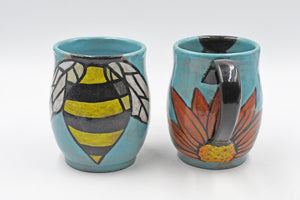 Pottery Mug Handmade Bees, Ceramic Stoneware Hand Painted Cup with Sunflower in Teal Blue, Yellow and Black Stripes