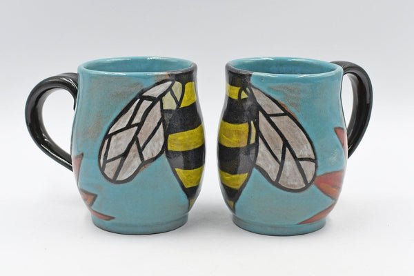 Pottery Mug Handmade Bees, Ceramic Stoneware Hand Painted Cup with Sunflower in Teal Blue, Yellow and Black Stripes