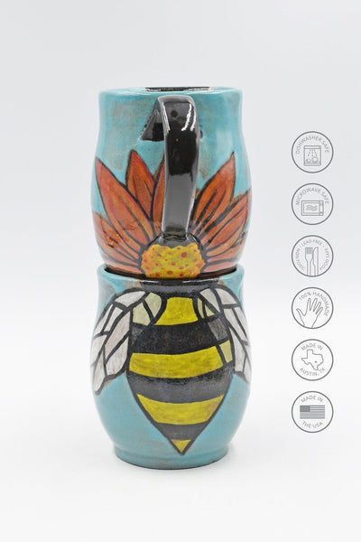 Pottery Mug Handmade Bees, Ceramic Stoneware Hand Painted Cup with Sunflower in Teal Blue, Yellow and Black Stripes