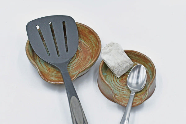 Rustic Ceramic Spoon Rest, Handmade Small Medium & Large Stoneware Pottery, Blue Orange, Stovetop Tabletop, Countertop Coffee Tea Bag Holder