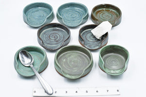 Blue Green Ceramic Spoon Rest, Handmade Small & Medium Stoneware Pottery, Stovetop, Tabletop, Countertop Coffee Tea Bag Holder, Gray Brown