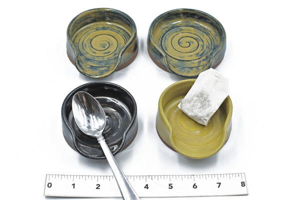 Black Yellow Ceramic Spoon Rest, Handmade Small & Medium Stoneware Pottery, Stovetop, Tabletop, Countertop Coffee Tea Bag Holder, Tan Brown