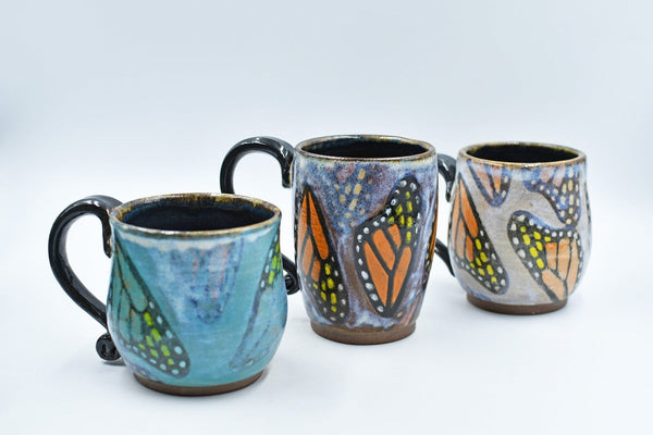 Monarch Butterfly Ceramic Mug, Handmade Gift, Pottery Stoneware Coffee Cup, Screen Printed Wings, Wheel Thrown and Kiln Fired