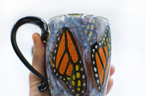 Monarch Butterfly Ceramic Mug, Handmade Gift, Pottery Stoneware Coffee Cup, Screen Printed Wings, Wheel Thrown and Kiln Fired