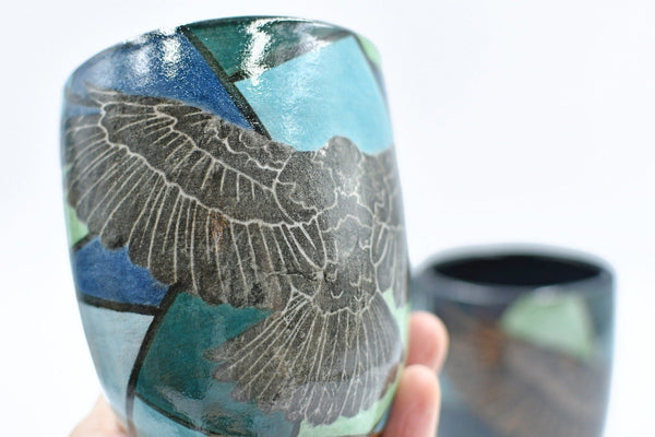 Raven Ceramic Mug, Handmade Gift, Teal Blue and Black Hand Painted Geometric, Bird Pottery Stoneware Coffee Cup, Wheel Thrown and Kiln Fired
