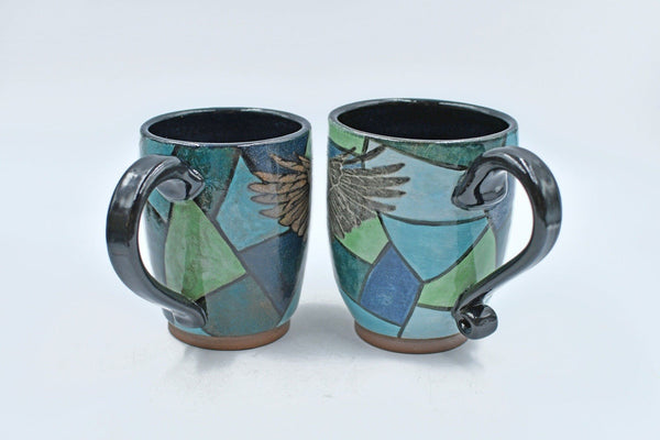 Raven Ceramic Mug, Handmade Gift, Teal Blue and Black Hand Painted Geometric, Bird Pottery Stoneware Coffee Cup, Wheel Thrown and Kiln Fired