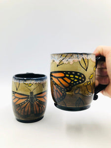 Monarch Butterfly Handmade Pottery Mug, Ceramic Coffee Cup, Stoneware Hand Painted Hand Drawn, Retro Vintage Orange, Black, Microwave Safe