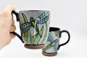 Dragonfly Ceramic Mug Handmade Gift | Pottery Coffee Cup | Cute Stoneware Hand Painted Art in Black, Blue, Gray | Dishwasher + Microwave