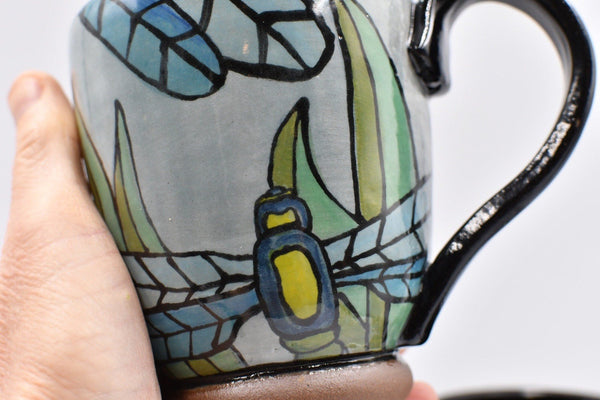 Dragonfly Ceramic Mug Handmade Gift | Pottery Coffee Cup | Cute Stoneware Hand Painted Art in Black, Blue, Gray | Dishwasher + Microwave