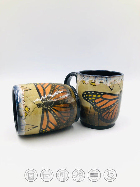 Monarch Butterfly Handmade Pottery Mug, Ceramic Coffee Cup, Stoneware Hand Painted Hand Drawn, Retro Vintage Orange, Black, Microwave Safe