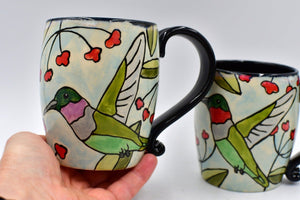 Hummingbird Handmade Pottery Mug Gift for Mother's Day, Ceramic Coffee Cup, Stoneware Hand Painted Hand Drawn, Microwave Safe, Ready to Ship