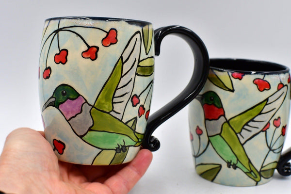 Hummingbird Handmade Pottery Mug Gift for Mother's Day, Ceramic Coffee Cup, Stoneware Hand Painted Hand Drawn, Microwave Safe, Ready to Ship