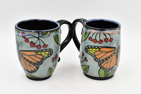 Monarch Butterfly Handmade Pottery Mug Gift for Her, Ceramic Coffee Cup, Stoneware Hand Painted, Gray, Orange, Black, Microwave Safe