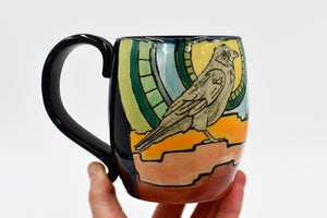 Raven Birds Handmade Pottery Mug Nature Lover Gift, Ceramic Coffee Cup, Stoneware Hand Painted Hand Drawn, Microwave Safe, Ready to Ship