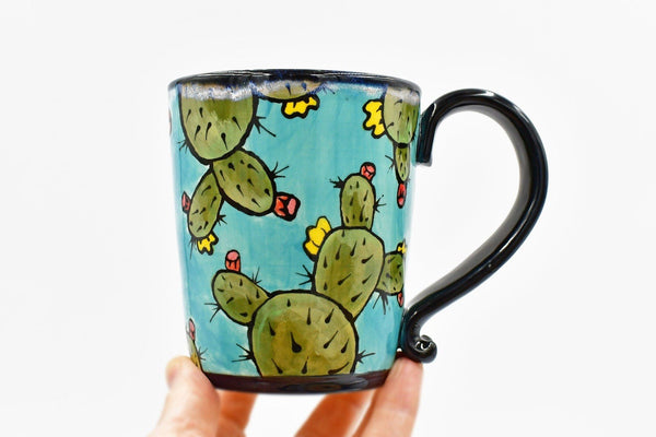 Prickly Pear Handmade Pottery Mug Mother's Day Gift, Southwest Ceramic Coffee Cup, Stoneware Hand Painted, Pottery Seconds, Ready to Ship