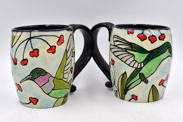 Hummingbird Handmade Pottery Mug Gift for Mother's Day, Ceramic Coffee Cup, Stoneware Hand Painted Hand Drawn, Microwave Safe, Ready to Ship