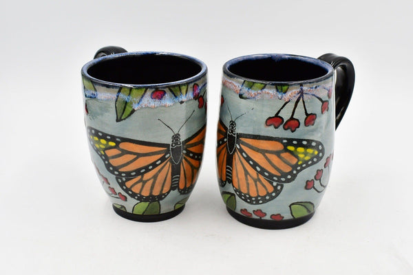 Monarch Butterfly Handmade Pottery Mug Gift for Her, Ceramic Coffee Cup, Stoneware Hand Painted, Gray, Orange, Black, Microwave Safe