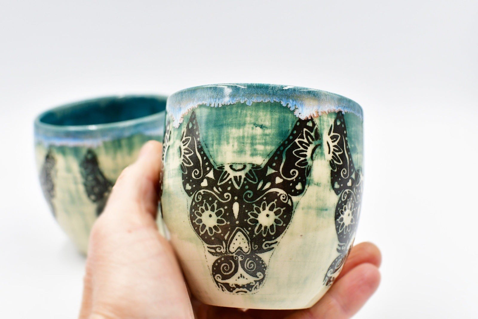 Sugar Skull Dog Handmade Ceramic Cup | Teal Pottery Stoneware Tumbler Stemless Wine Cup | Turquoise Black, White, Punk, Gothic, Halloween