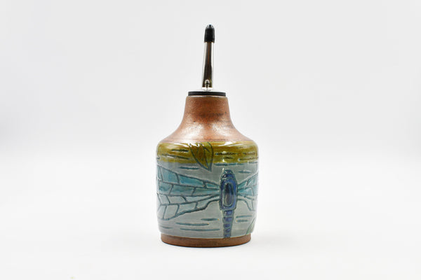 Dragonfly Ceramic Olive Oil Dispenser | Handmade Pottery | Copper Stoneware Anniversary Gift, Hand Carved Liquid Dish Soap Bottle