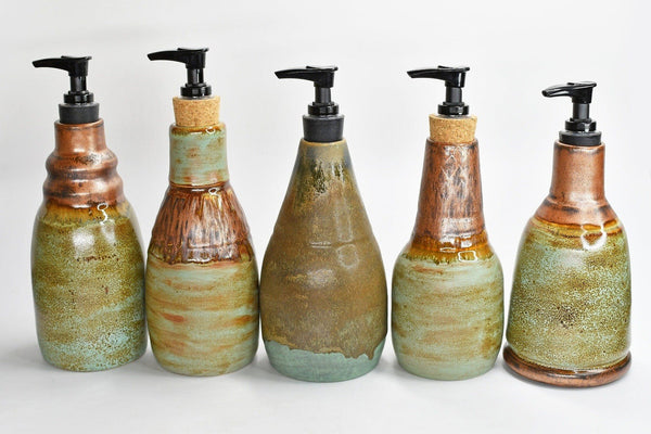 Handmade Ceramic Lotion / Soap Dispenser, Copper Verdigris Green Stoneware Pottery, Bathroom Kitchen Decor, Bronze Teal Blue