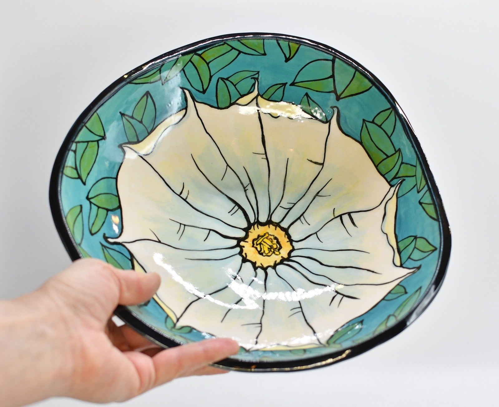Jimson Weed Flower Handmade Pottery Bowl | Nature Lover Gift | Large Ceramic Fruit Dish, Stoneware Hand Painted One of A Kind, Ready to Ship