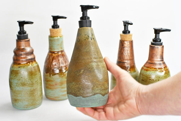 Handmade Ceramic Lotion / Soap Dispenser, Copper Verdigris Green Stoneware Pottery, Bathroom Kitchen Decor, Bronze Teal Blue