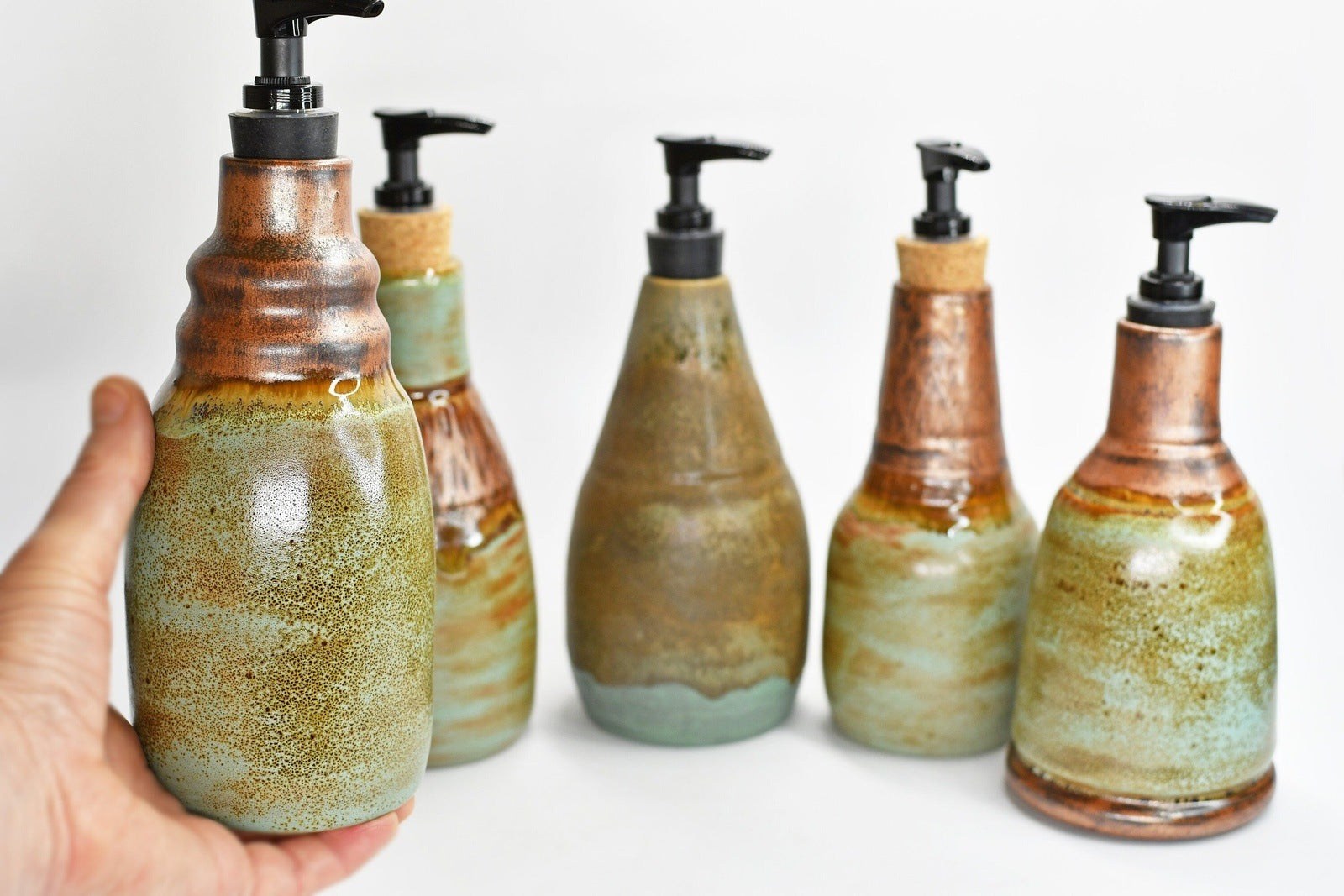 Handmade Ceramic Lotion / Soap Dispenser, Copper Verdigris Green Stoneware Pottery, Bathroom Kitchen Decor, Bronze Teal Blue