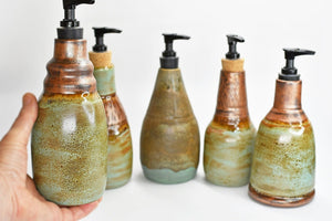 Handmade Ceramic Lotion / Soap Dispenser, Copper Verdigris Green Stoneware Pottery, Bathroom Kitchen Decor, Bronze Teal Blue