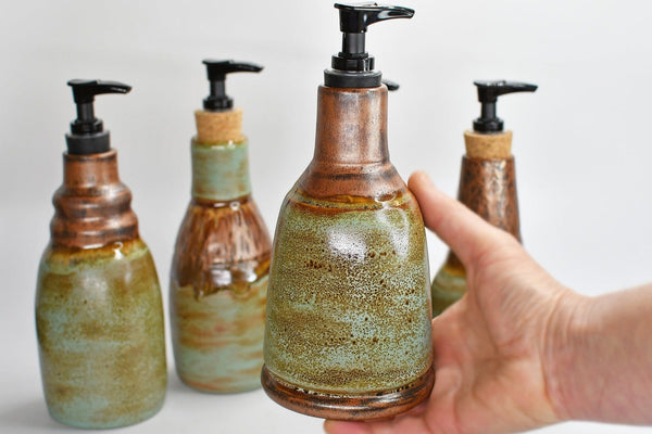 Handmade Ceramic Lotion / Soap Dispenser, Copper Verdigris Green Stoneware Pottery, Bathroom Kitchen Decor, Bronze Teal Blue