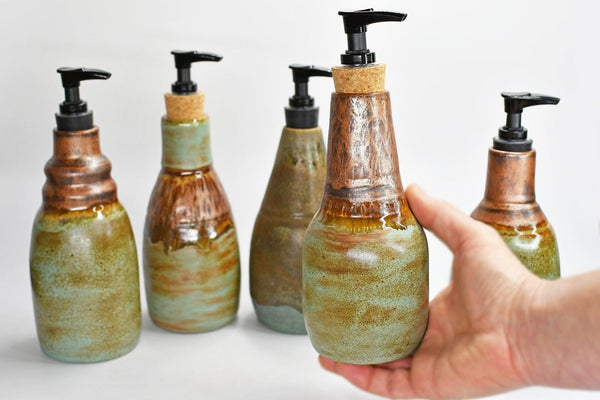 Handmade Ceramic Lotion / Soap Dispenser, Copper Verdigris Green Stoneware Pottery, Bathroom Kitchen Decor, Bronze Teal Blue