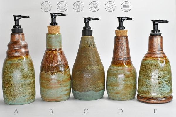 Handmade Ceramic Lotion / Soap Dispenser, Copper Verdigris Green Stoneware Pottery, Bathroom Kitchen Decor, Bronze Teal Blue