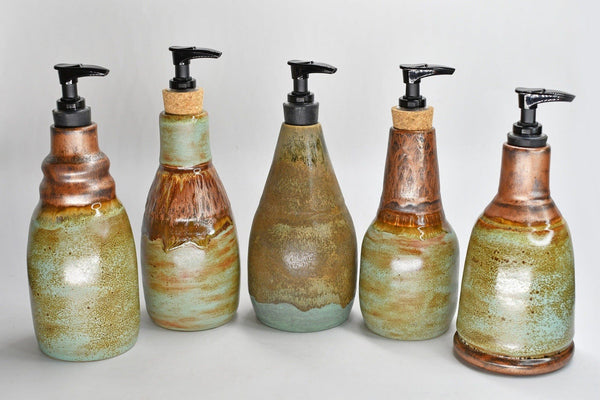 Handmade Ceramic Lotion / Soap Dispenser, Copper Verdigris Green Stoneware Pottery, Bathroom Kitchen Decor, Bronze Teal Blue
