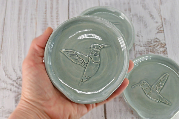 Hummingbird Ceramic Stove Top Spoon Rest, Handmade Kitchen Counter Organization Stoneware Pottery in Pale Gray Blue